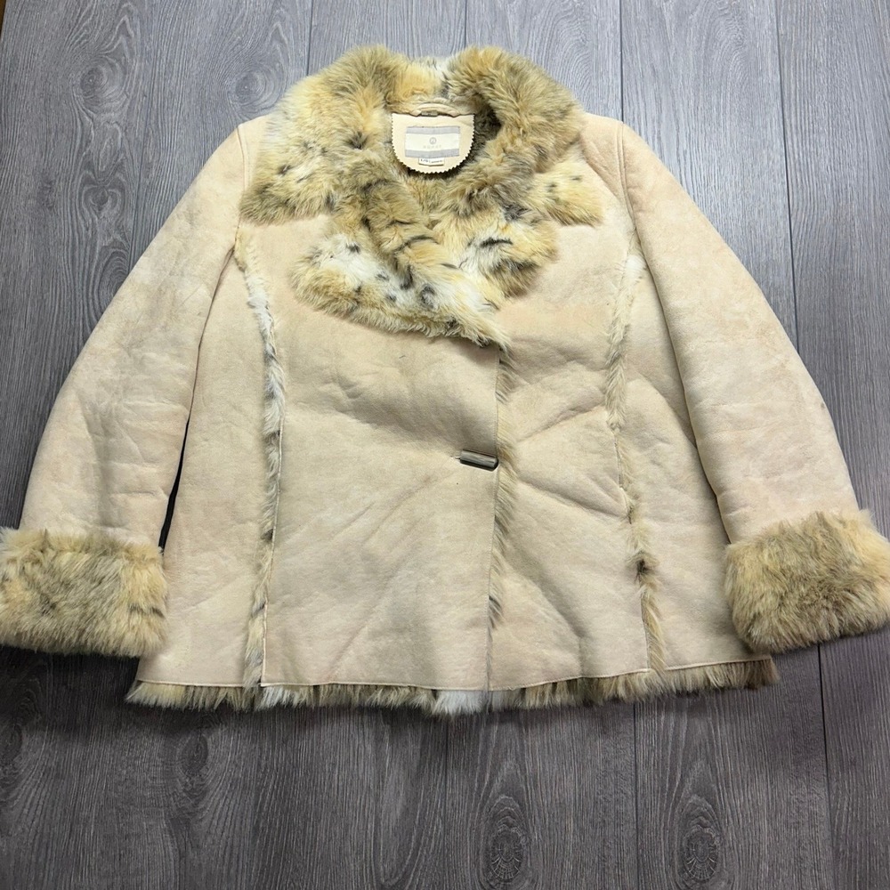 Nuage Womens Tan Faux Suede Fur Trim Y2K Jacket Coat Large Cheata